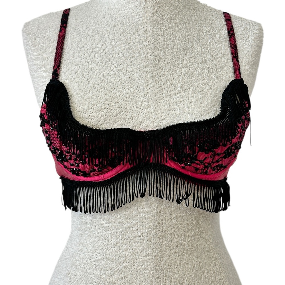 Victoria's Secret Black and Pink Lace Bra with Fringe